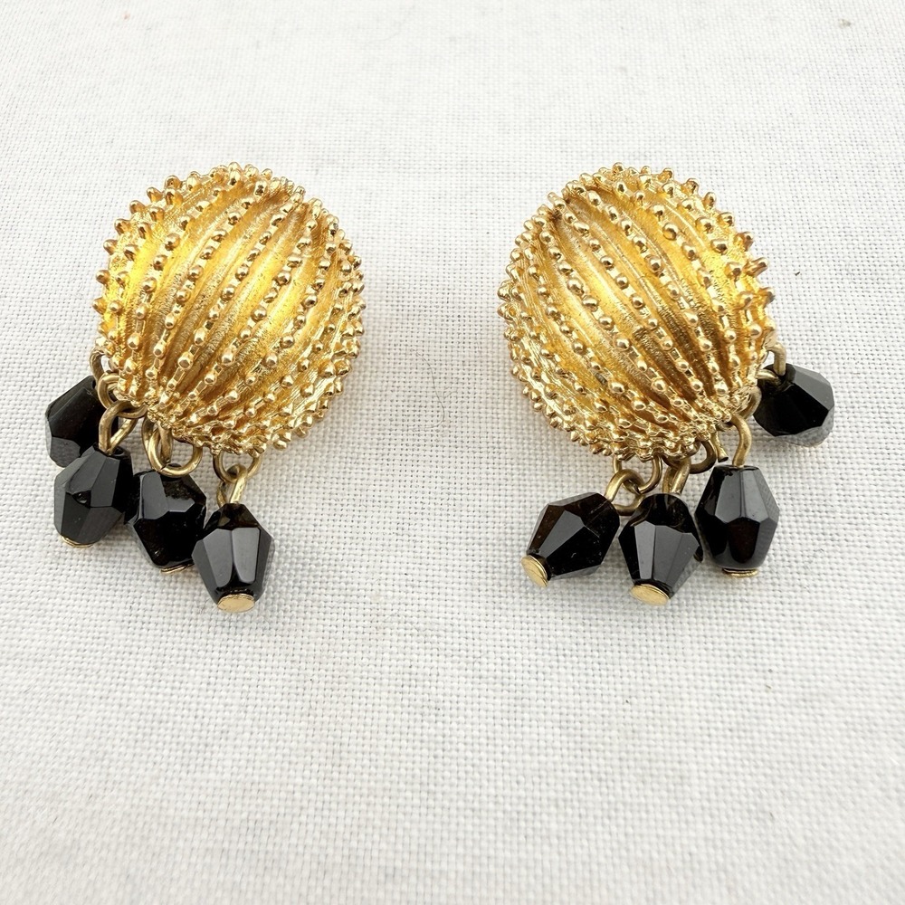 Vintage Crown Trifari Clip Earrings Gold Tone Domed Urchin Egg Black Dangle Deco
